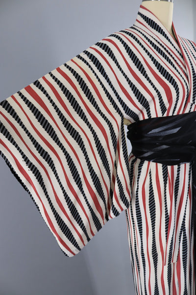 Vintage 1950s Silk Kimono Robe / White, Black & Red Stripes - ThisBlueBird