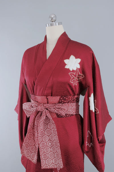 Vintage 1950s Silk Kimono Robe with Embroidered Dark Red Shibori Floral Pattern - ThisBlueBird