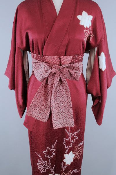 Vintage 1950s Silk Kimono Robe with Embroidered Dark Red Shibori Floral Pattern - ThisBlueBird