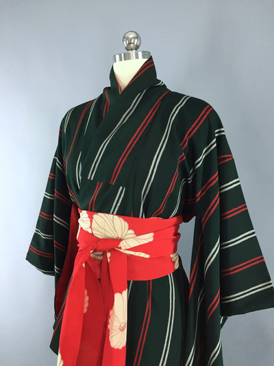 Vintage 1950s Silk Kimono Robe with Green and Red Stripes - ThisBlueBird