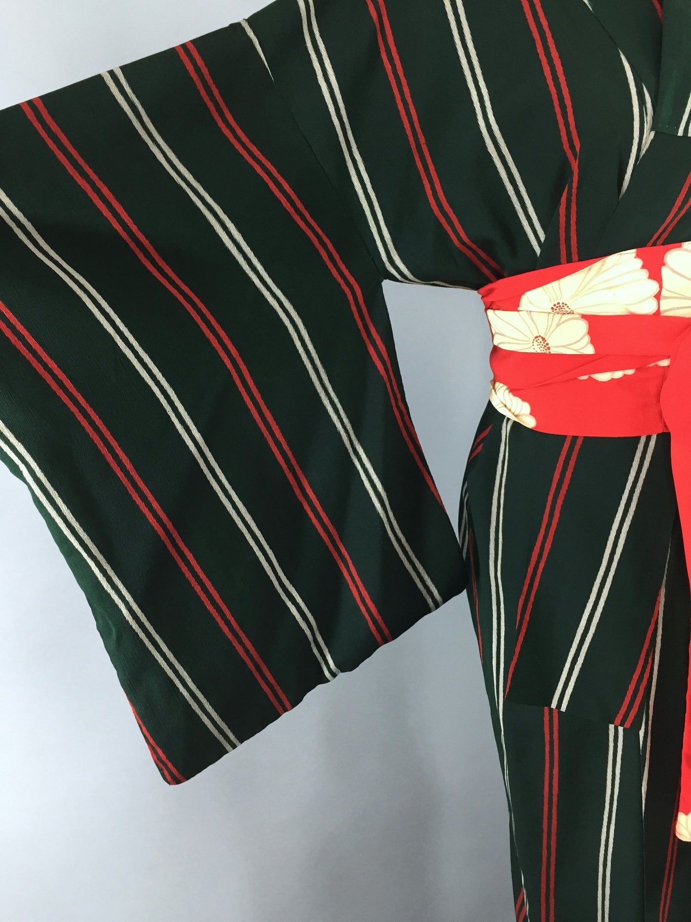 Vintage 1950s Silk Kimono Robe with Green and Red Stripes - ThisBlueBird