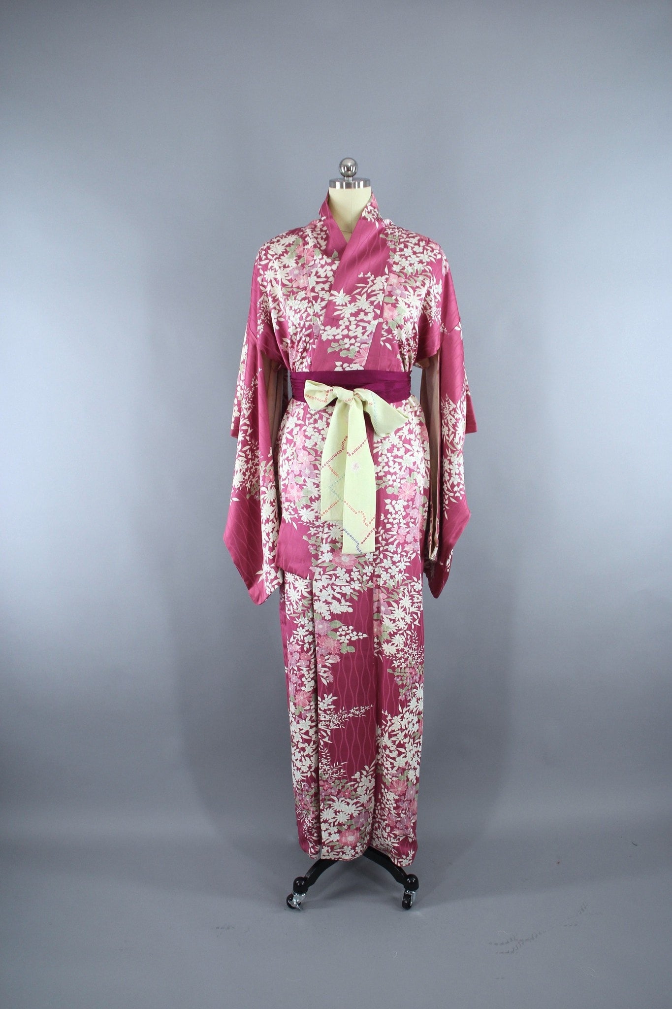 Vintage 1950s Silk Kimono Robe with Pink Satin Floral Print - ThisBlueBird