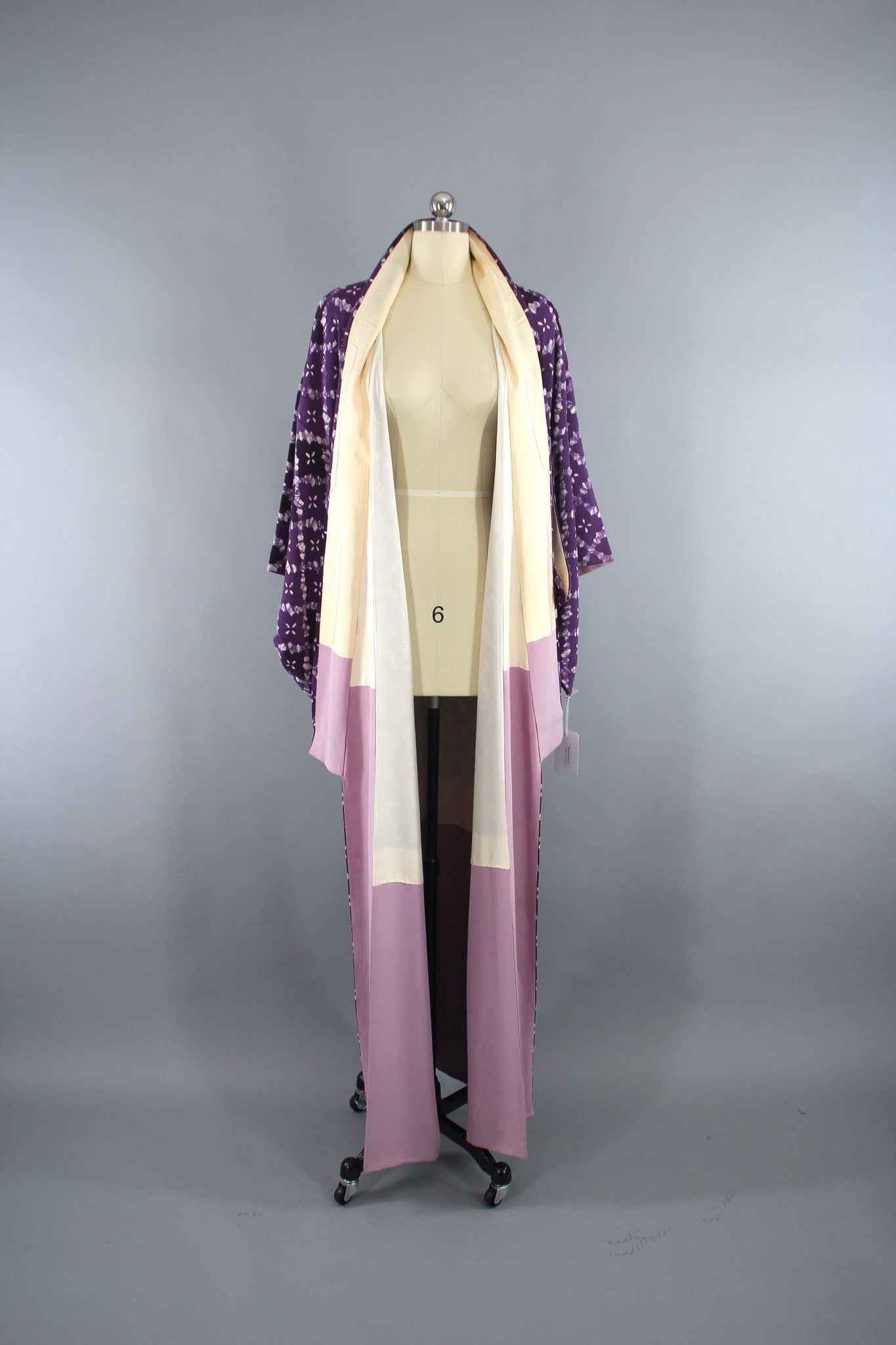 Vintage 1950s Silk Kimono Robe with Purple and White Batik Print - ThisBlueBird