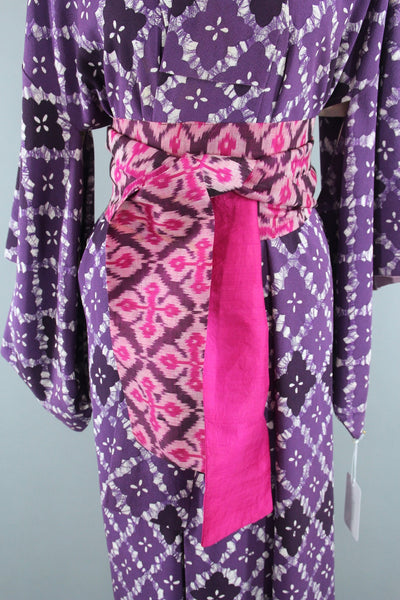 Vintage 1950s Silk Kimono Robe with Purple and White Batik Print - ThisBlueBird