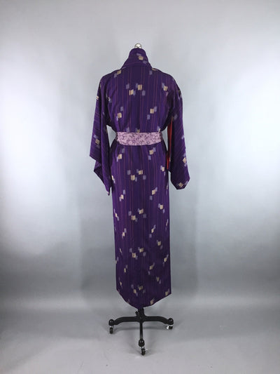 Vintage 1950s Silk Kimono Robe with Purple Ikat Stripes - ThisBlueBird