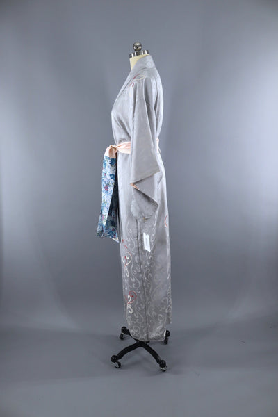 Vintage 1950s Silk Satin Kimono Robe / Dove Grey & Pink - ThisBlueBird