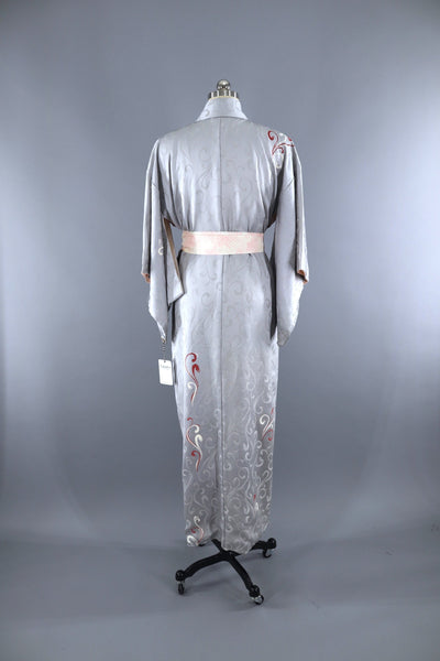 Vintage 1950s Silk Satin Kimono Robe / Dove Grey & Pink - ThisBlueBird