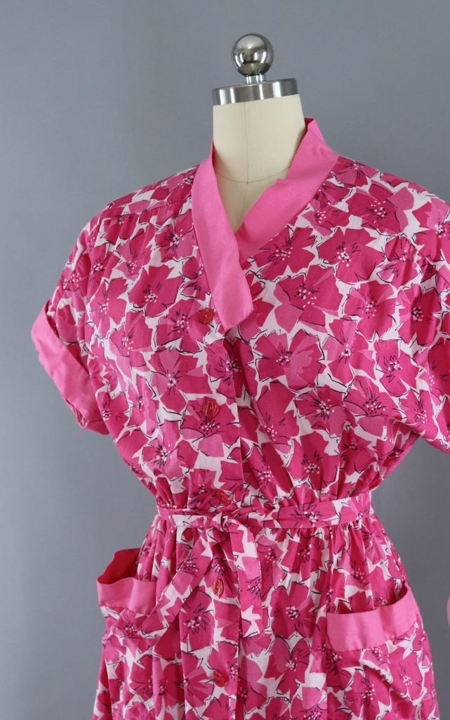 Vintage 1950s Style Pink Floral Cotton Day Dress-ThisBlueBird - Modern Vintage