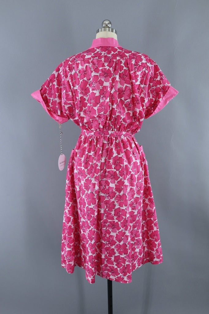 Vintage 1950s Style Pink Floral Cotton Day Dress-ThisBlueBird - Modern Vintage