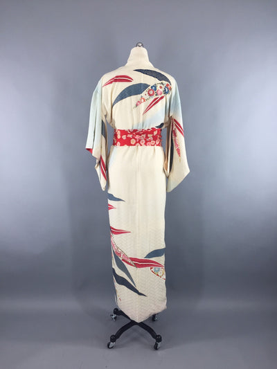 Vintage 1950s Vintage Silk Kimono Robe / Blue Red Leaves Floral - ThisBlueBird
