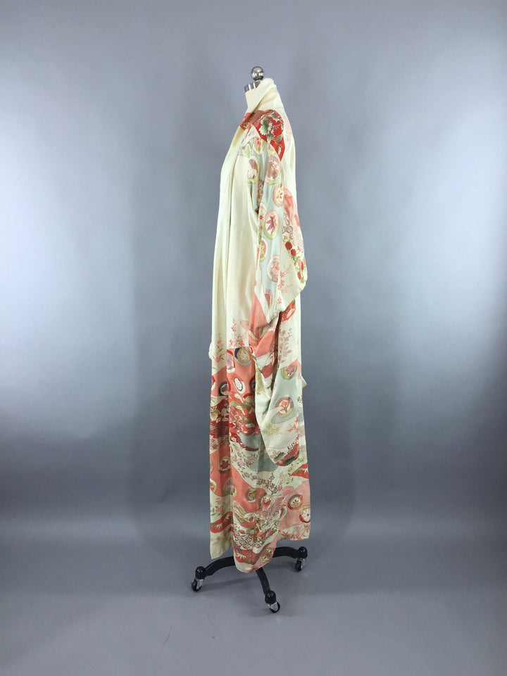 Vintage 1950s Vintage Silk Kimono Robe Furisode / Ivory Floral Print - ThisBlueBird