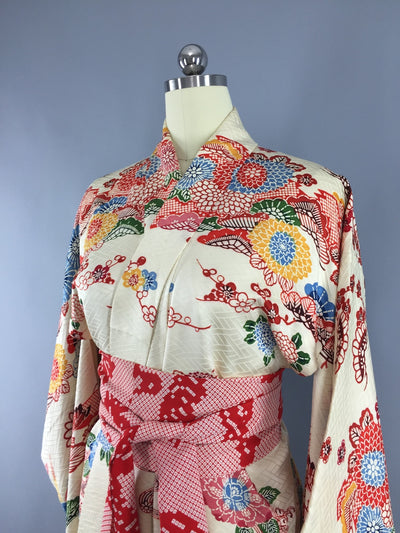 Vintage 1950s Vintage Silk Kimono Robe Furisode / Ivory Red Shibori Floral Print - ThisBlueBird