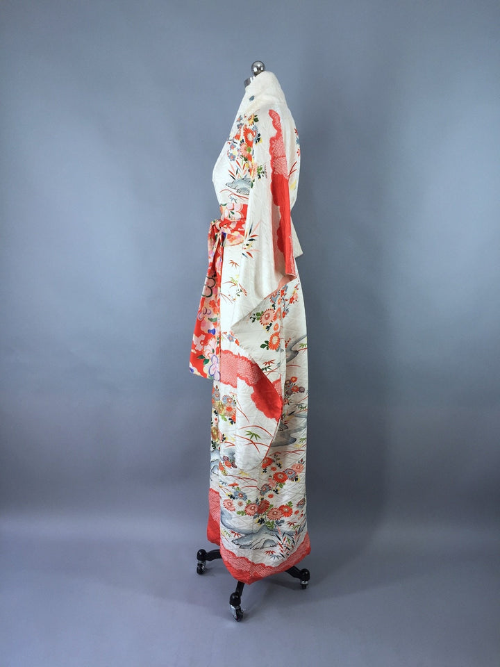 Vintage 1950s Vintage Silk Kimono Robe / White Swan Floral Print - ThisBlueBird