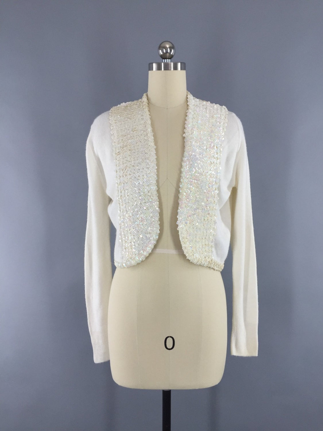 Vintage 1950s White Sequined Cropped Cardigan Sweater - ThisBlueBird
