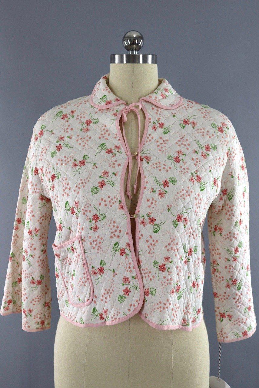 Vintage 1950s Winks Pink Floral Print Quilted Bed Jacket - ThisBlueBird