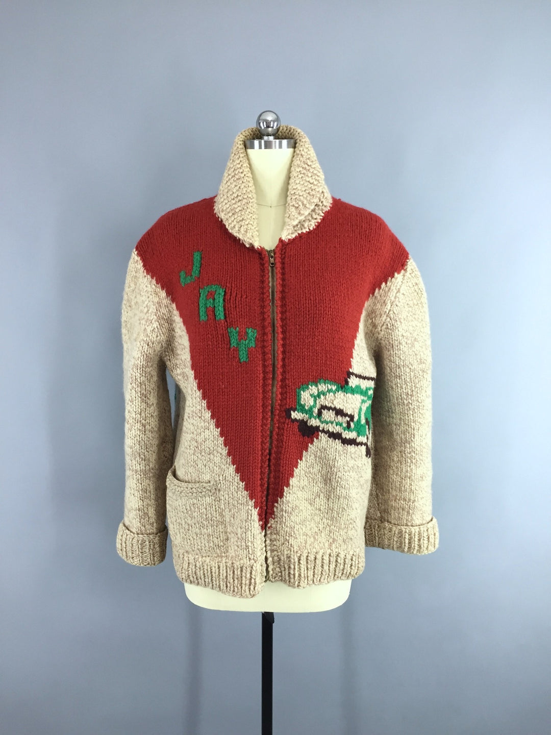 Vintage 1950s Wool Cowichan Race Car "JAY" Cardigan Sweater - ThisBlueBird