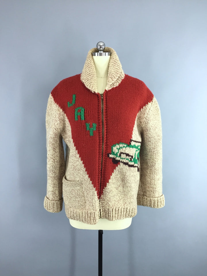 Vintage 1950s Wool Cowichan Race Car "JAY" Cardigan Sweater - ThisBlueBird