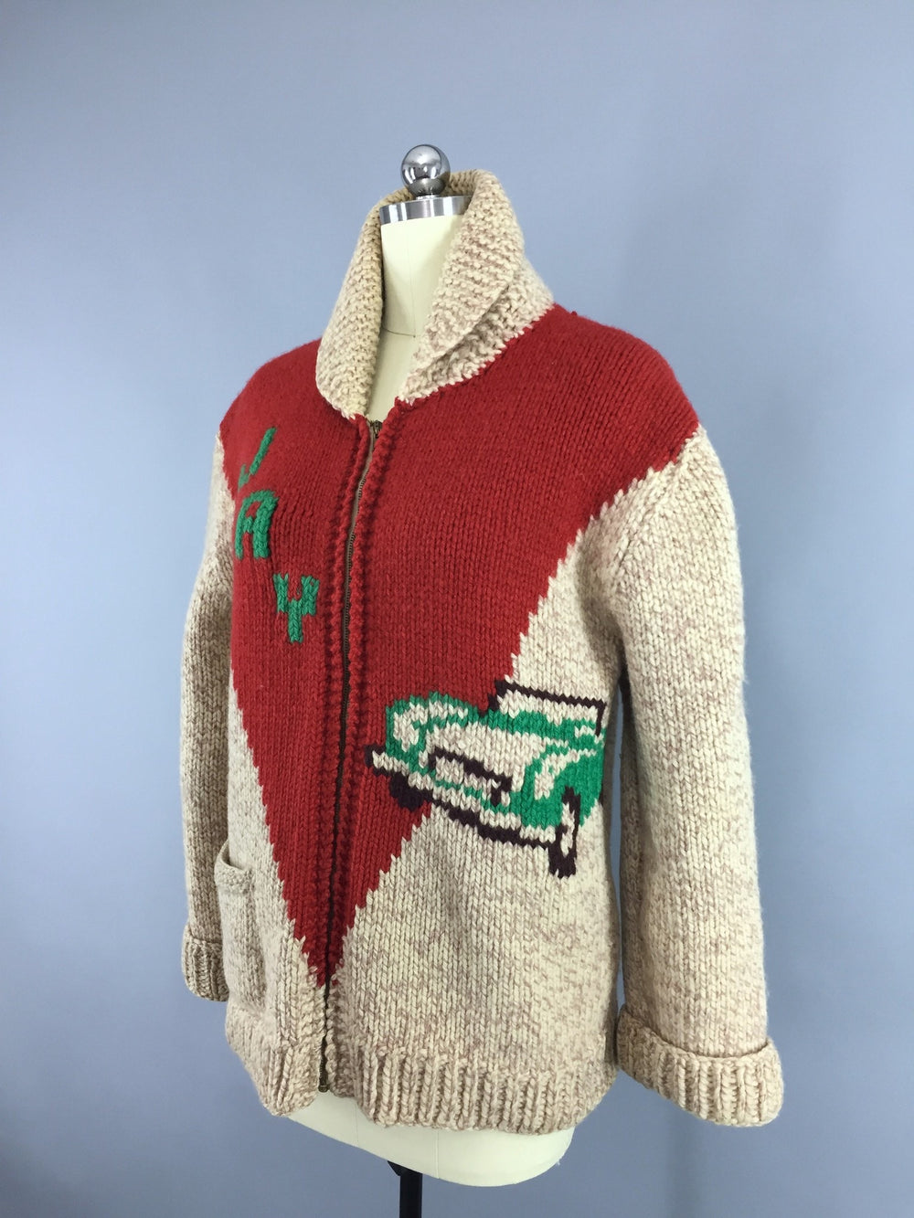 Vintage 1950s Wool Cowichan Race Car "JAY" Cardigan Sweater - ThisBlueBird