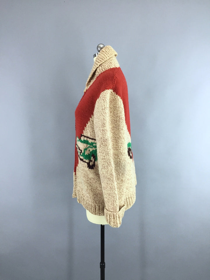 Vintage 1950s Wool Cowichan Race Car "JAY" Cardigan Sweater - ThisBlueBird