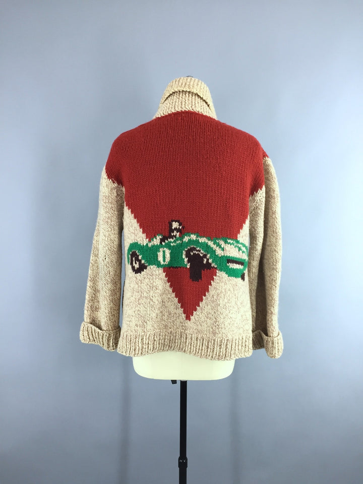 Vintage 1950s Wool Cowichan Race Car "JAY" Cardigan Sweater - ThisBlueBird