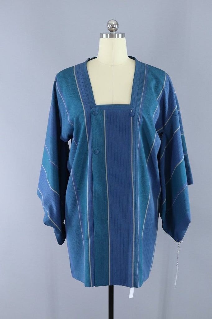 Vintage Silk Kimono Jacket - Teal Blue Green Stripes - ThisBlueBird