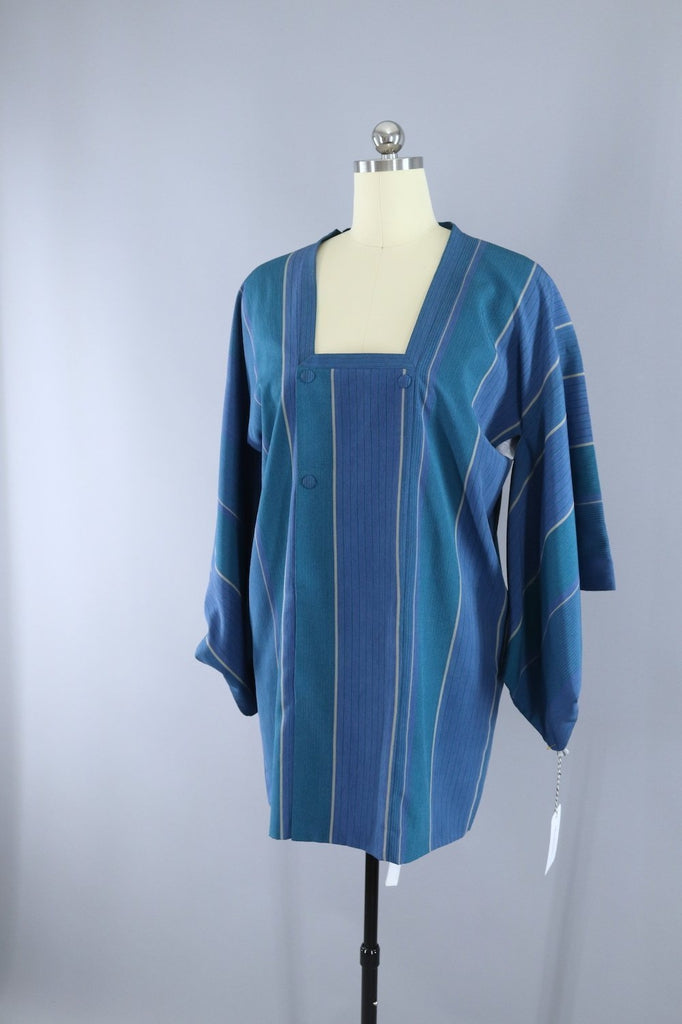 Vintage Silk Kimono Jacket - Teal Blue Green Stripes - ThisBlueBird