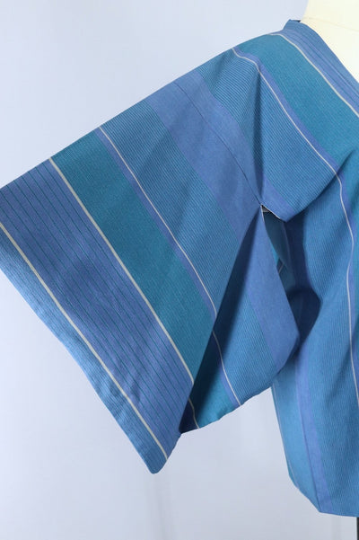 Vintage Silk Kimono Jacket - Teal Blue Green Stripes - ThisBlueBird