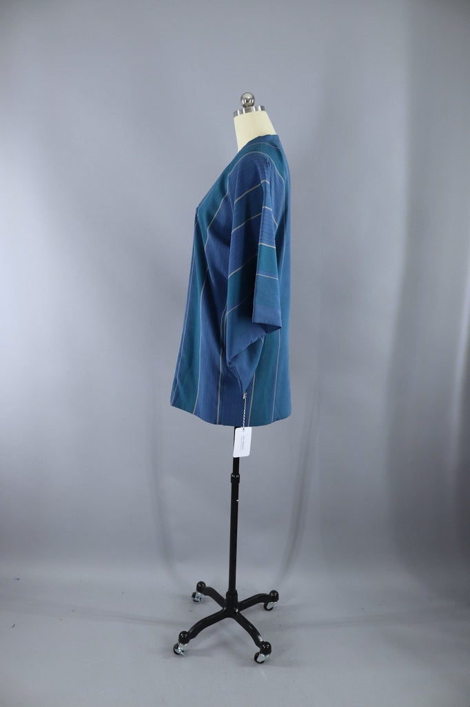 Vintage Silk Kimono Jacket - Teal Blue Green Stripes - ThisBlueBird