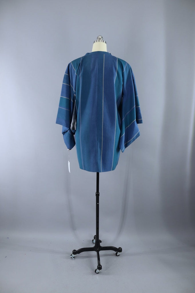 Vintage Silk Kimono Jacket - Teal Blue Green Stripes - ThisBlueBird