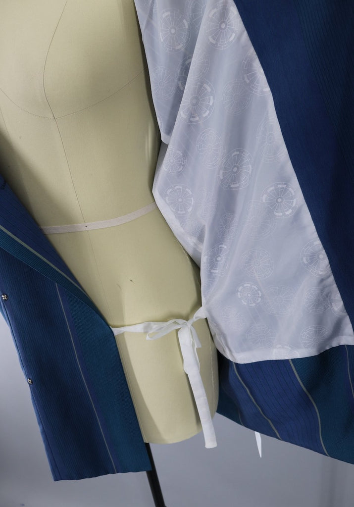 Vintage Silk Kimono Jacket - Teal Blue Green Stripes - ThisBlueBird
