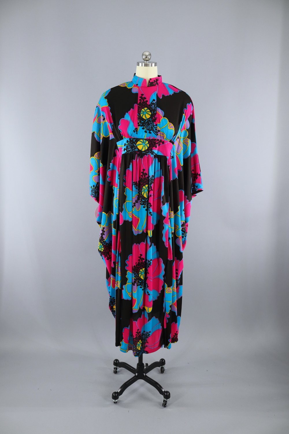 Vintage 1960s 1970s Black Floral Print Caftan Dress / Image at Home ...
