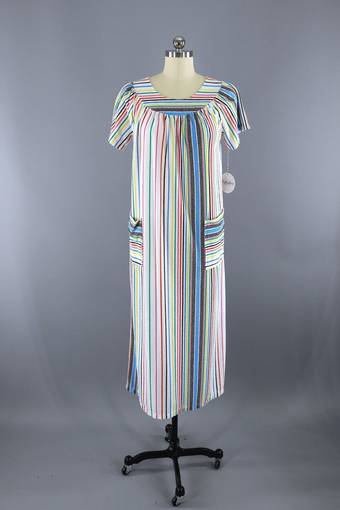Vintage 1960s - 1970s Caftan Dress / Rainbow Stripes Terry Cloth Maxi - ThisBlueBird