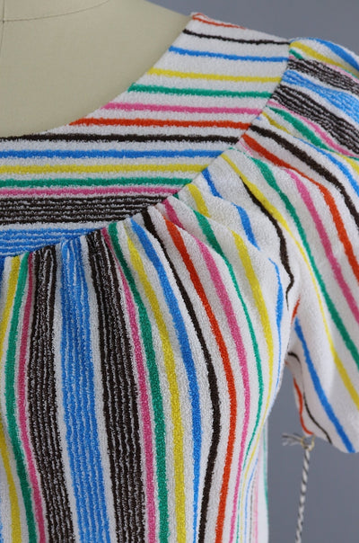 Vintage 1960s - 1970s Caftan Dress / Rainbow Stripes Terry Cloth Maxi - ThisBlueBird