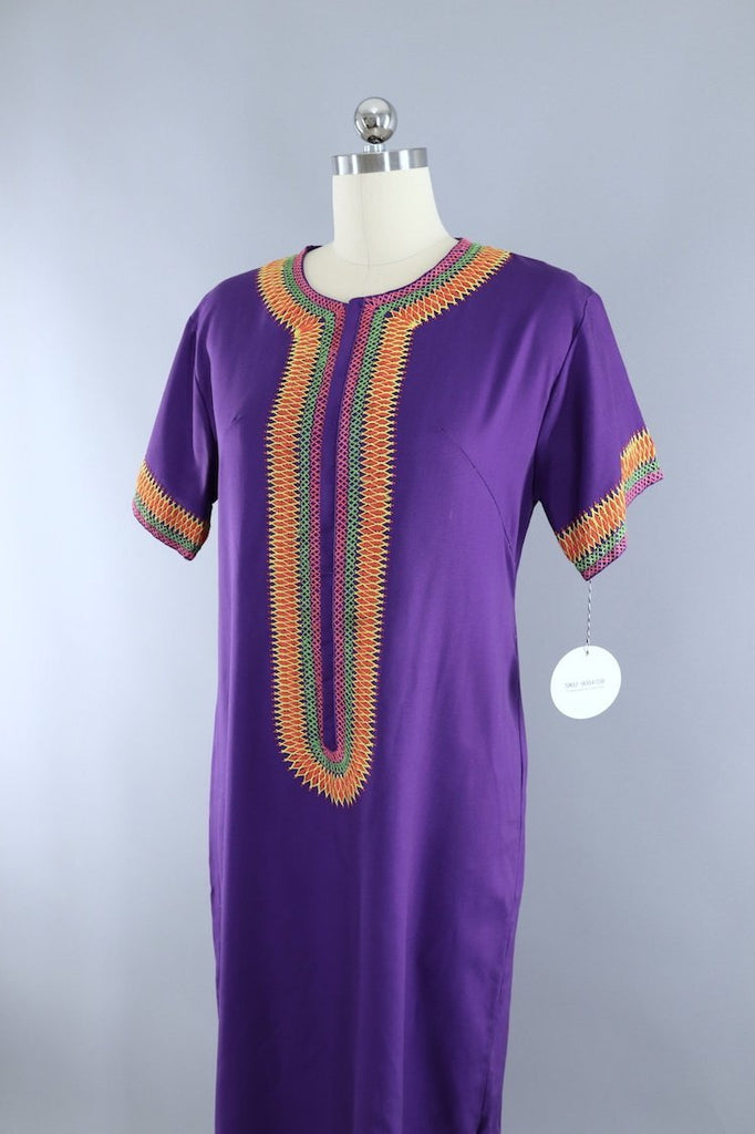 Vintage 1960s - 1970s Purple Embroidered Caftan Dress - ThisBlueBird
