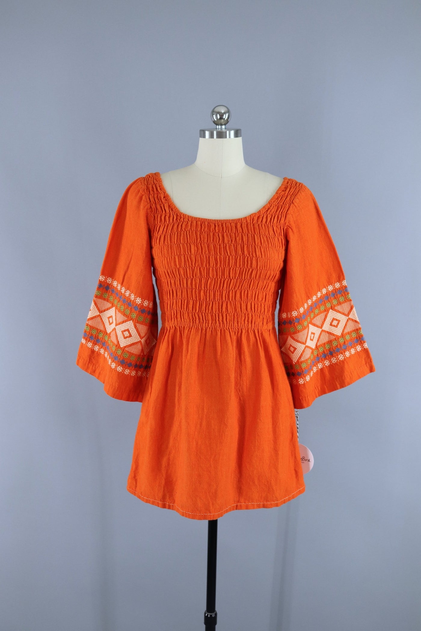 Vintage 1960s-1970s Smocked Tunic Blouse / Bright Orange Embroidery - ThisBlueBird