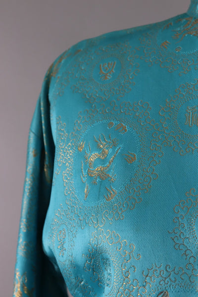 Vintage 1960s Aqua Blue Brocade Asian Jacket - ThisBlueBird