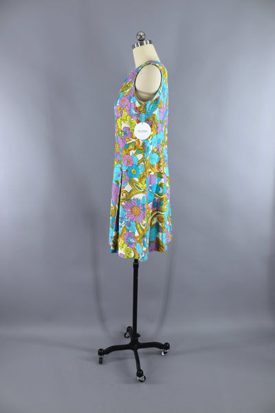 Vintage 1960s Betty Hartford Aqua Blue Mod Floral Print Day Dress - ThisBlueBird