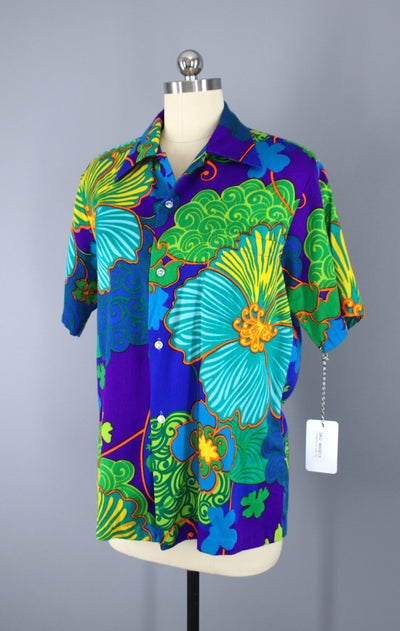 Vintage 1960s Blue Aloha Shirt / Hawaiian Palms - ThisBlueBird