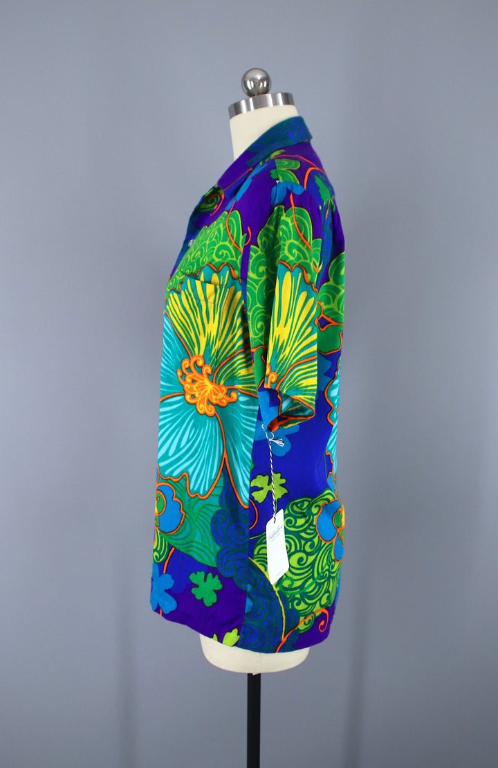 Vintage 1960s Blue Aloha Shirt / Hawaiian Palms - ThisBlueBird