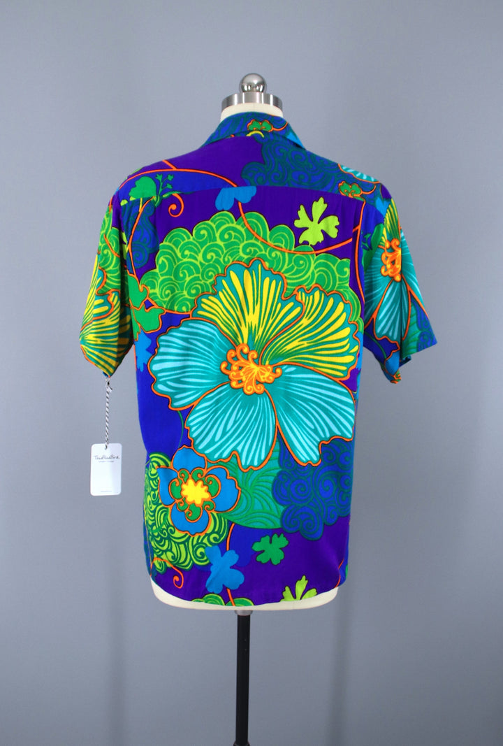 Vintage 1960s Blue Aloha Shirt / Hawaiian Palms - ThisBlueBird