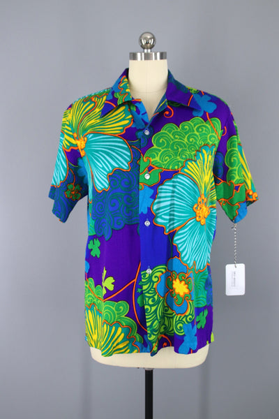 Vintage 1960s Blue Aloha Shirt / Hawaiian Palms - ThisBlueBird