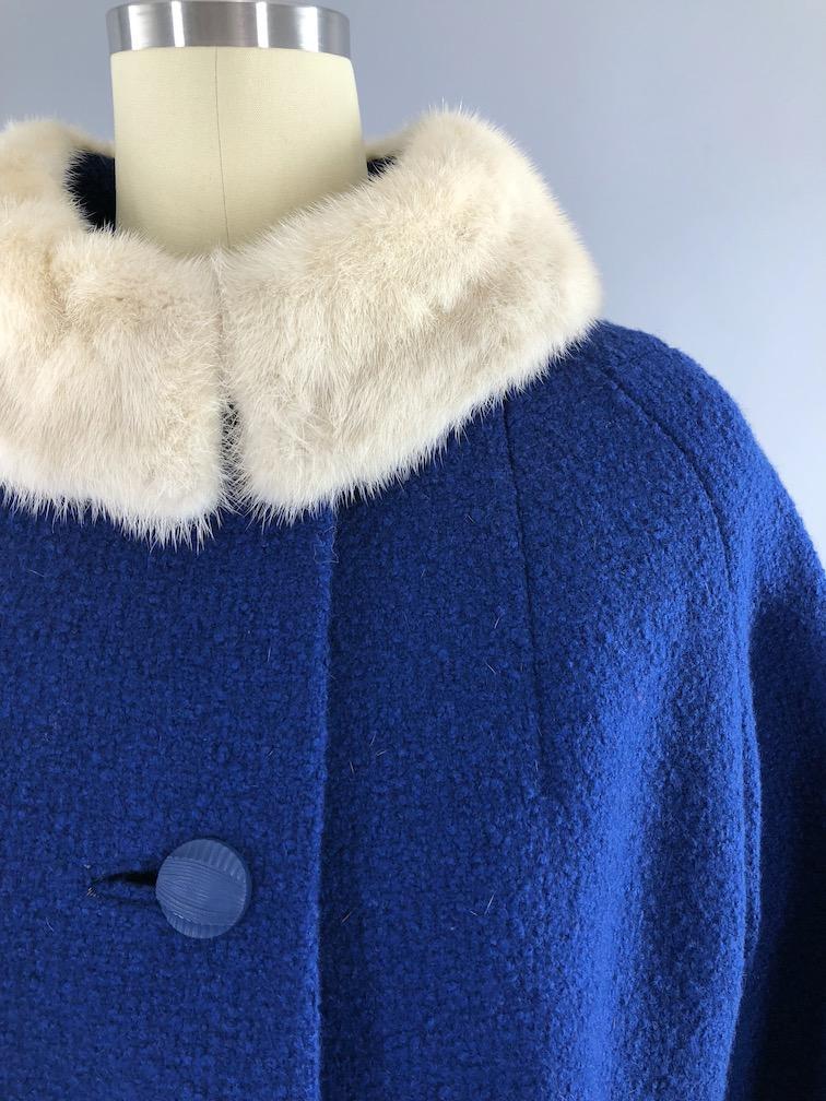 Vintage 1960s Blue Coat with White Mink Fur Collar - ThisBlueBird