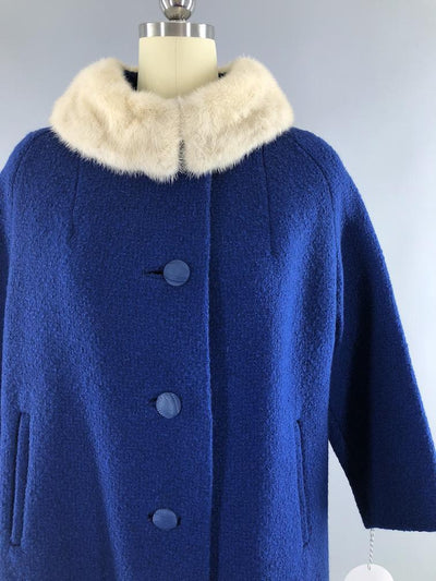 Vintage 1960s Blue Coat with White Mink Fur Collar - ThisBlueBird