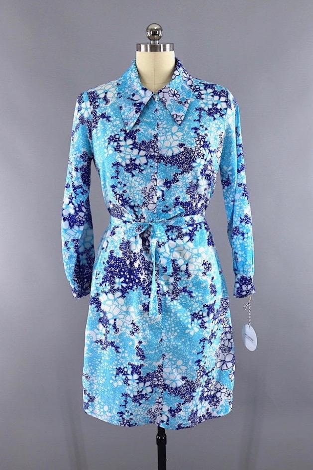 Vintage 1960s Blue Floral Print Day Dress - ThisBlueBird
