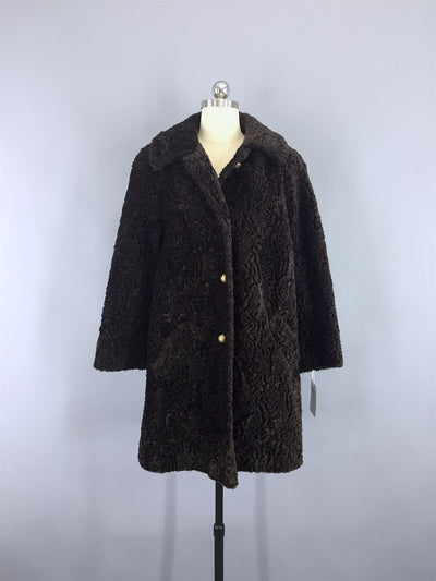 Vintage 1960s Brown Curly Lambswool Faux Fur Coat - ThisBlueBird