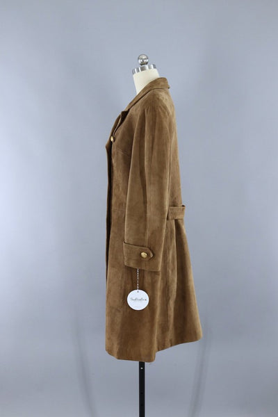 Vintage 1960s Brown Suede Coat with Gold Anchor Buttons - ThisBlueBird