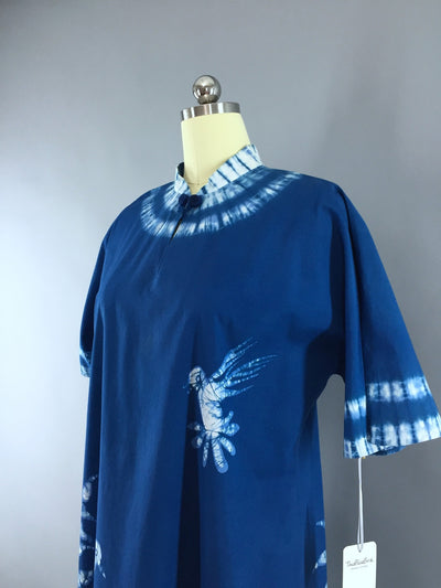 Vintage 1960s Caftan Dress / Bette of Jamaica / Blue Hummingbirds Batik - ThisBlueBird