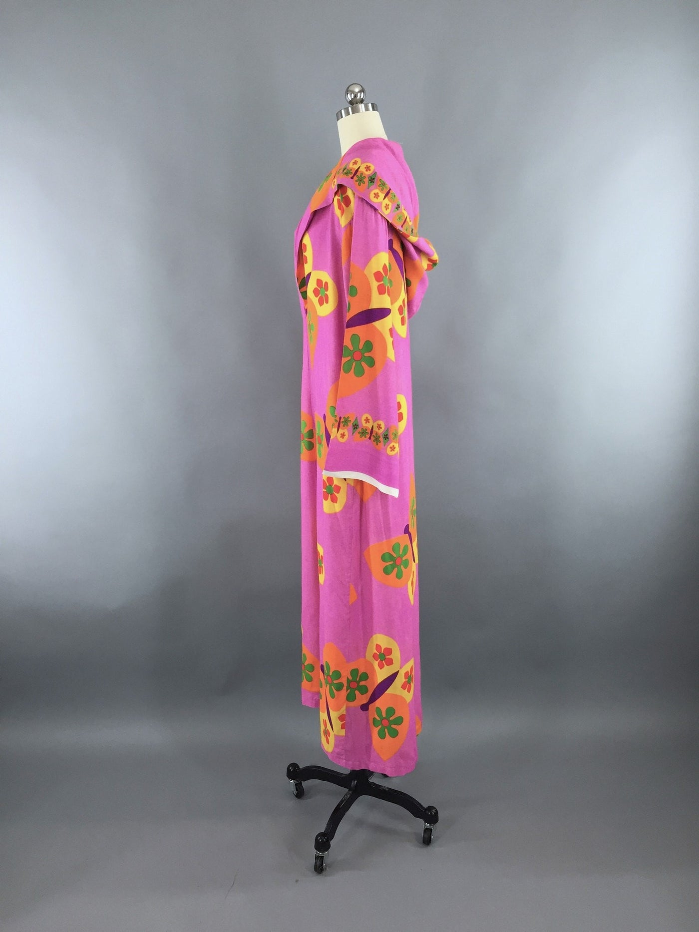 Vintage 1960s Caftan Dress / Hoodie Swim Coverup / Mod Neon Pink Butterfly Novelty Print - ThisBlueBird