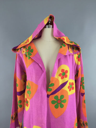 Vintage 1960s Caftan Dress / Hoodie Swim Coverup / Mod Neon Pink Butterfly Novelty Print - ThisBlueBird