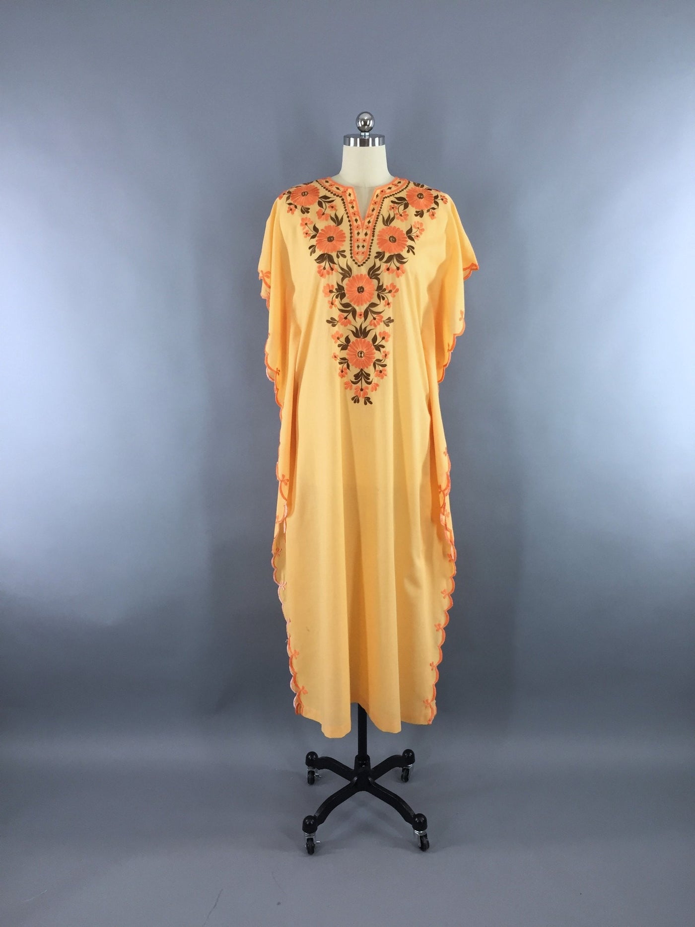 Vintage 1960s Caftan Dress / Orange Floral Embroidered Maxi Dress - ThisBlueBird